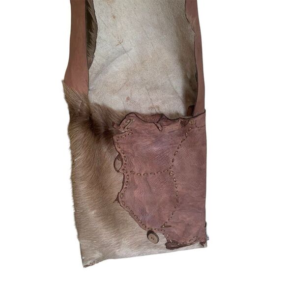 Full Grain Leather Mixed Animal Fur Shoulder Bag Tote Mexico Handmade Brown Boho - Picture 10 of 16